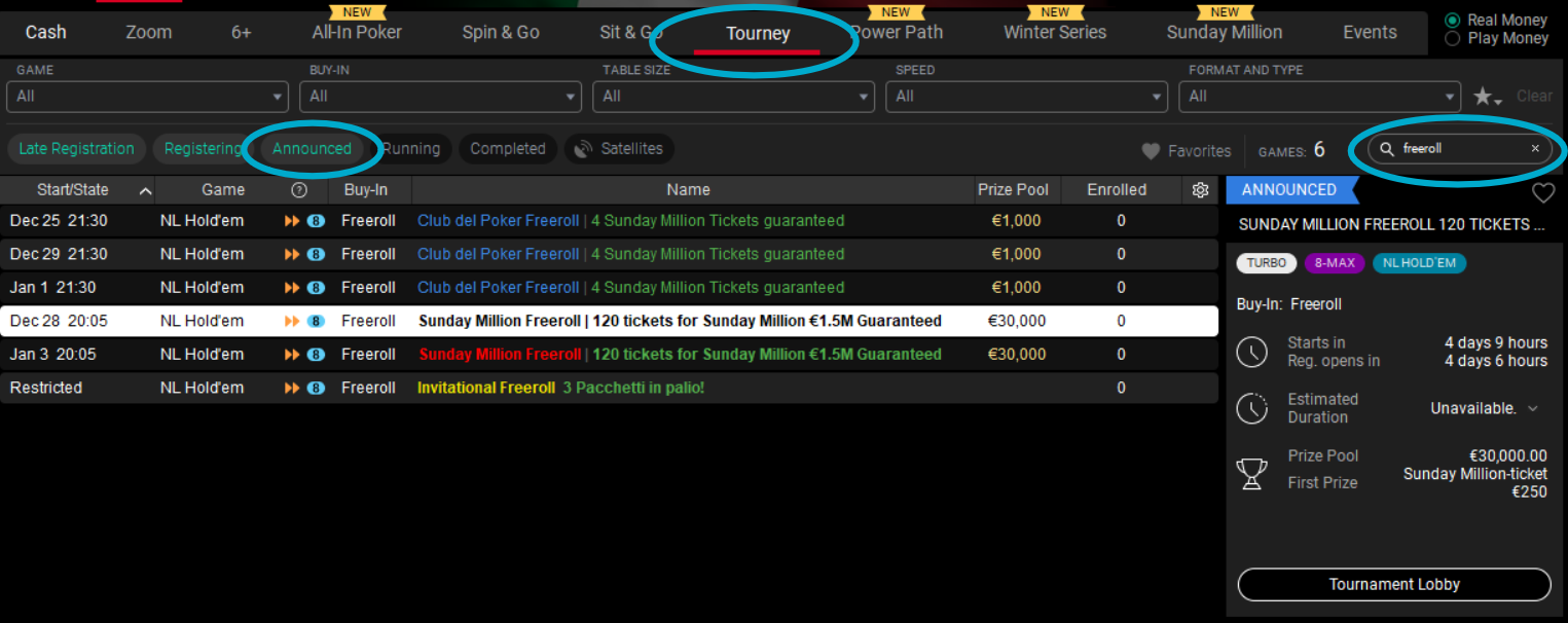 sunday million freeroll istruzioni lobby