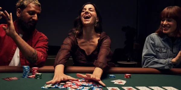 Giocatrice di poker che raccoglie le chips dopo una puntata al river andata a buon fine su un tavolo di NLHE live